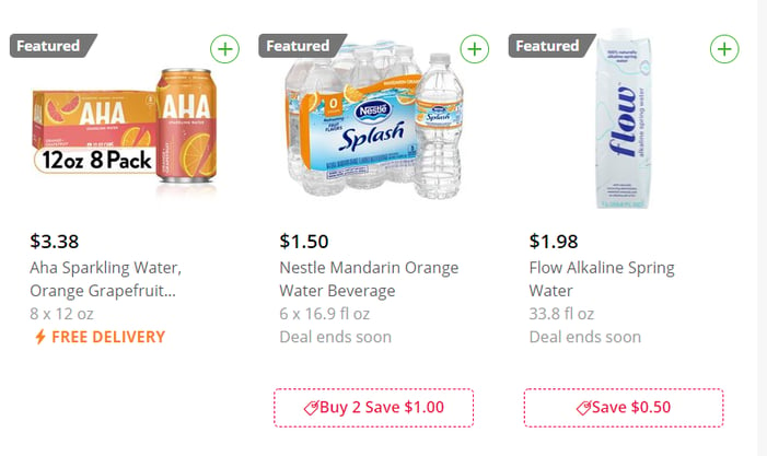 Examples of 3 Featured Product ads on Instacart - the grey ‘Featured’ tag indicates that the placement is an ad.